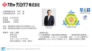 Dell | Enterprise Solution Group – Business Development Team
【業務内容】
3つの事業領域「施設管理支援事業」・「情報管理支援事業」・
「文化財事業」に対して＜GIS/調査・設計、システム開発/IT、
画像処理＞の３つのコア技術により、事業を多角的に展開。
代表取締役会長 河合 保
代表取締役社長 山口 寛
資本金 8,635万円
社員数 236名
従業員数 509名
本社：愛知県名古屋市天白区野並2-213
本部：愛知県名古屋市天白区井の森町205
事業所：本部・東館
東京支店
九州支店
カラーメディアプラザ
海外生産拠点（中国・南京）
代表取締役社長
山口 寛
 