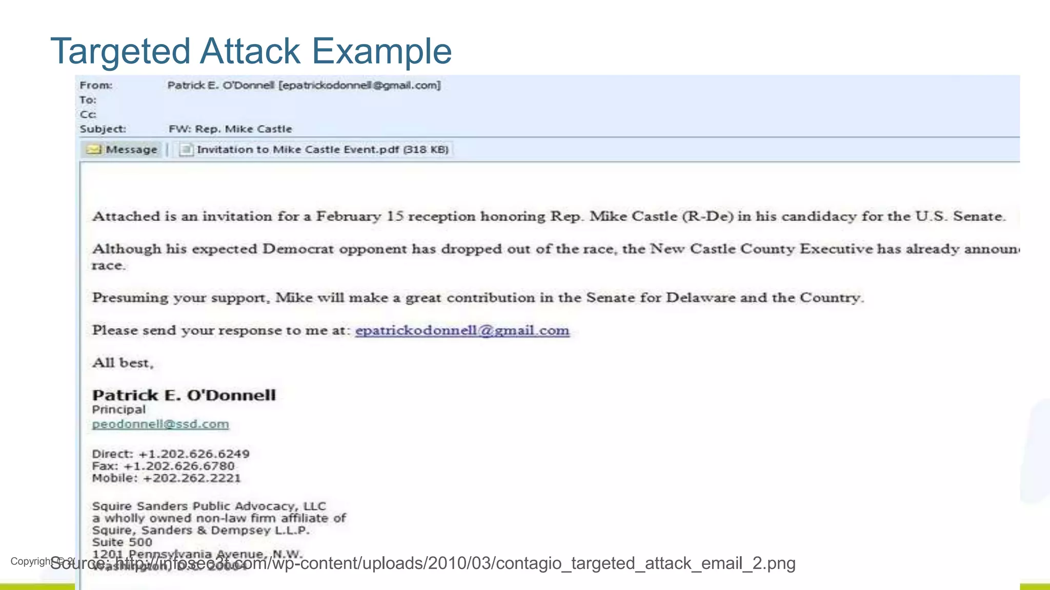 Targeted Attack Example 
Source; http://infosec3t.com/wp-content/uploads/2010/03/contagio_targeted_attack_email_2.png 
Copyright © 2014, Palo Alto Networks 
 