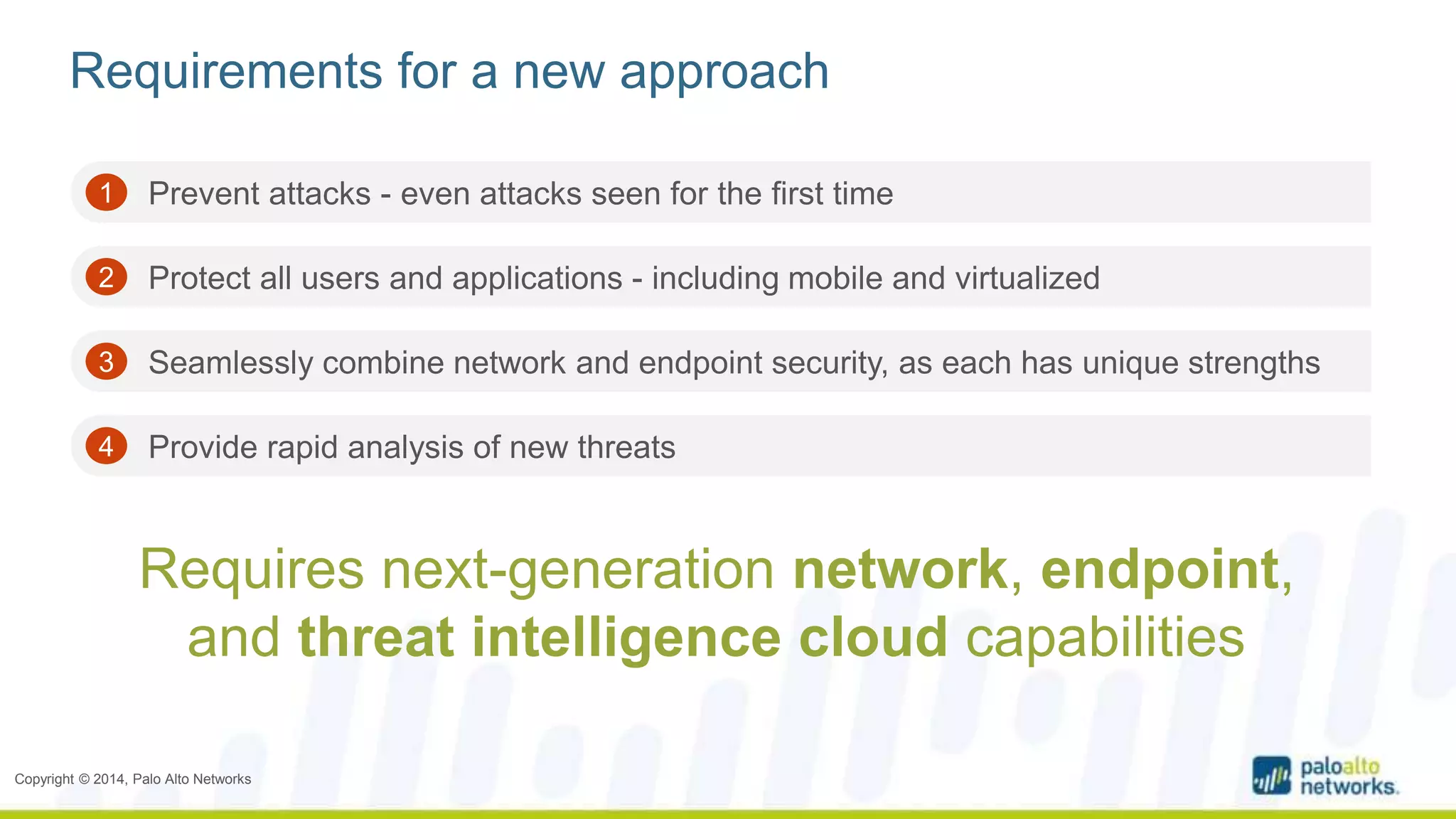 Requirements for a new approach 
1 Prevent attacks - even attacks seen for the first time 
2 Protect all users and applications - including mobile and virtualized 
3 Seamlessly combine network and endpoint security, as each has unique strengths 
4 Provide rapid analysis of new threats 
Requires next-generation network, endpoint, 
and threat intelligence cloud capabilities 
Copyright © 2014, Palo Alto Networks 
 