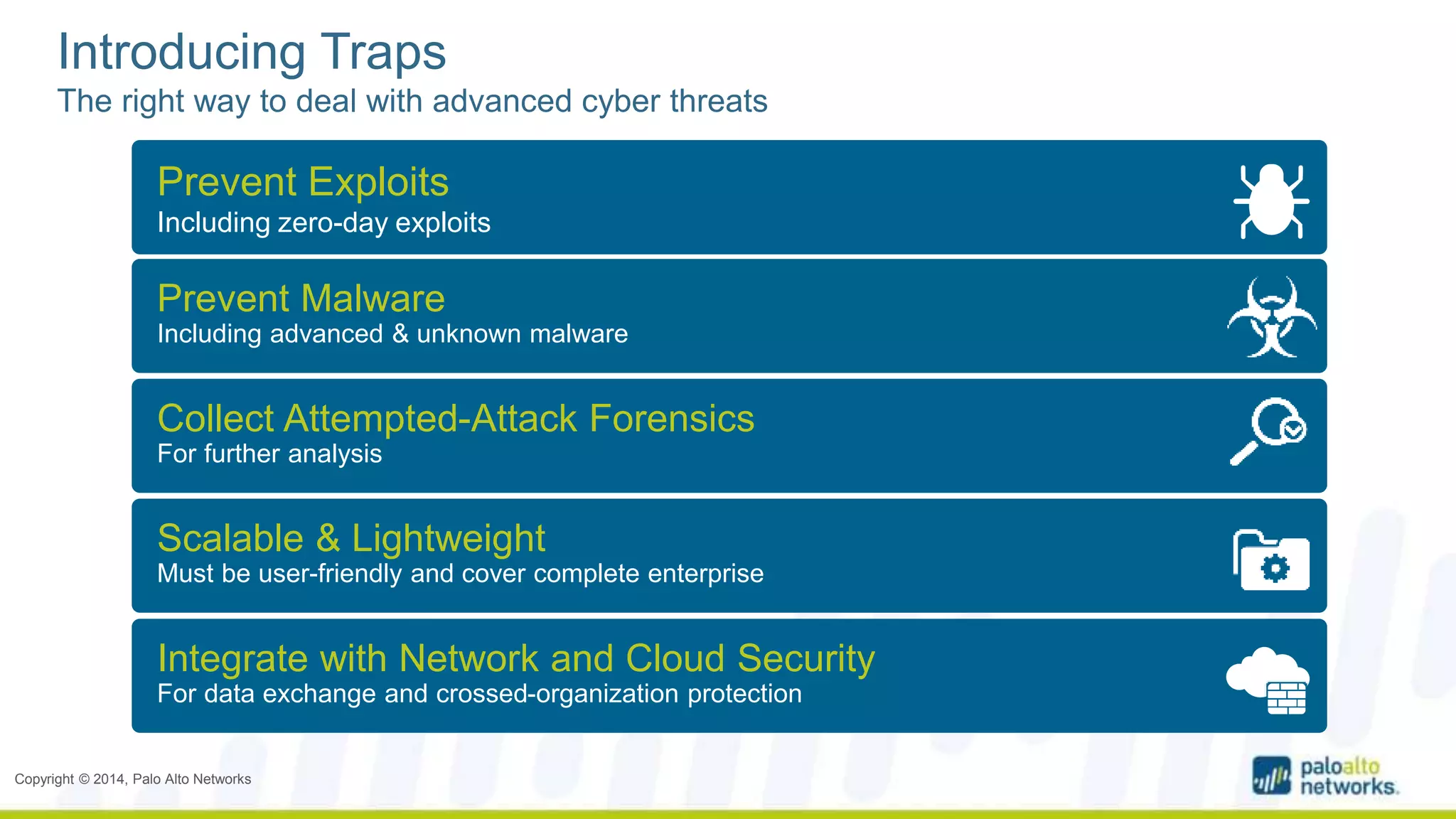 Introducing Traps 
The right way to deal with advanced cyber threats 
Prevent Exploits 
Including zero-day exploits 
Prevent Malware 
Including advanced & unknown malware 
Collect Attempted-Attack Forensics 
For further analysis 
Scalable & Lightweight 
Must be user-friendly and cover complete enterprise 
Integrate with Network and Cloud Security 
For data exchange and crossed-organization protection 
Copyright © 2014, Palo Alto Networks 
 