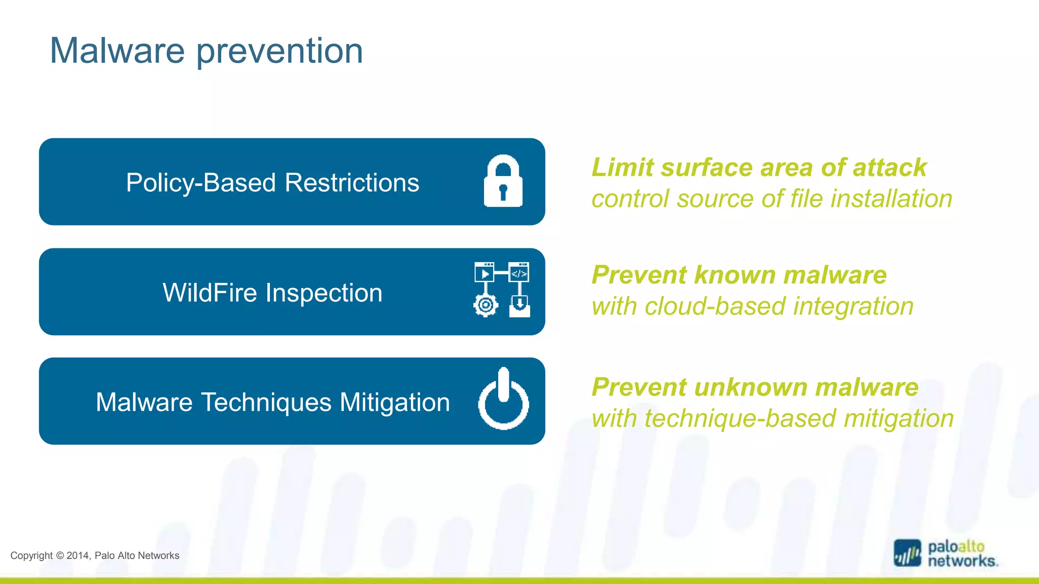 Malware prevention 
Policy-Based Restrictions 
WildFire Inspection 
Malware Techniques Mitigation 
Copyright © 2014, Palo Alto Networks 
Limit surface area of attack 
control source of file installation 
Prevent known malware 
with cloud-based integration 
Prevent unknown malware 
with technique-based mitigation 
 