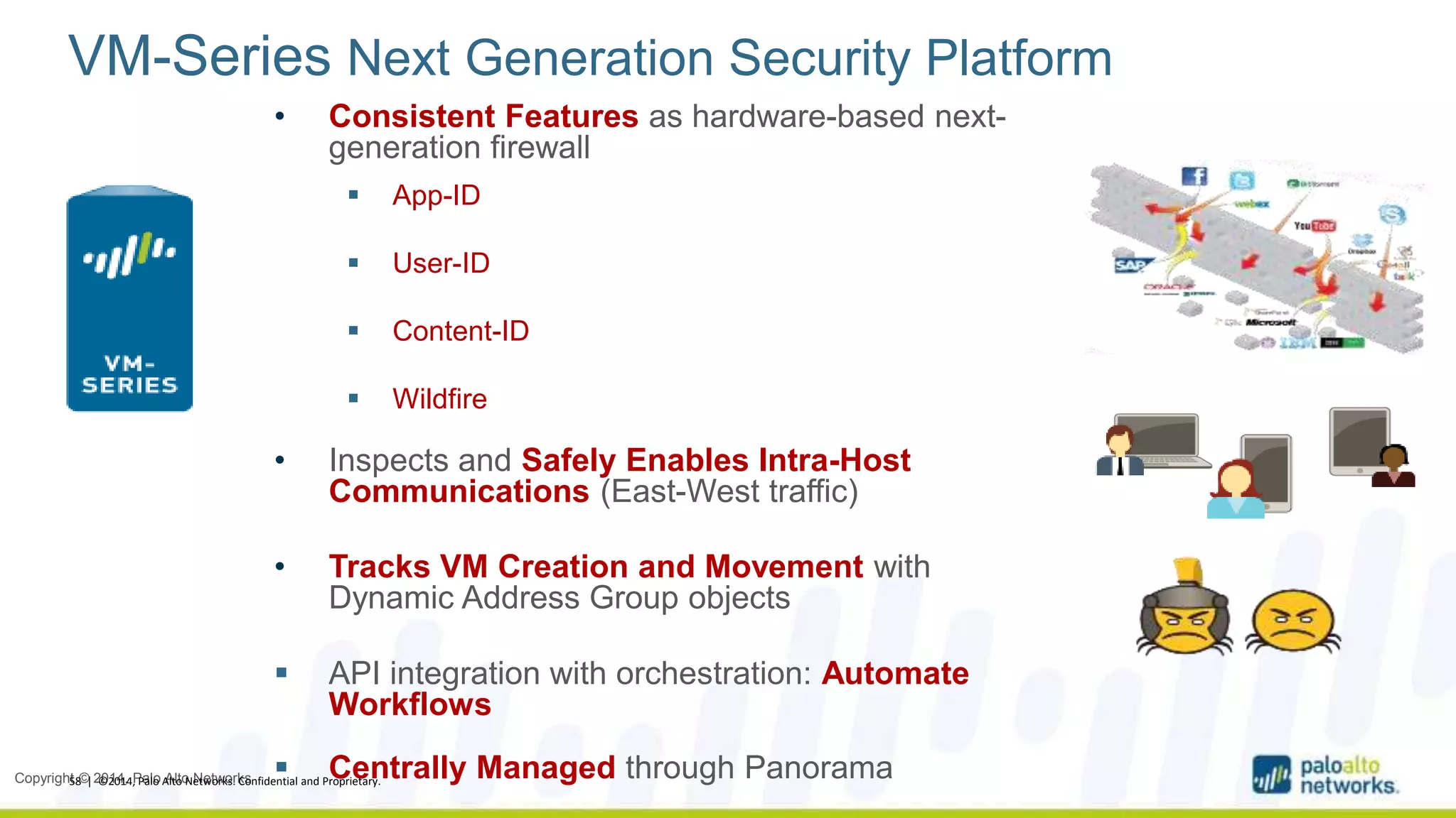 VM-Series Next Generation Security Platform 
Copyright © 2014, Palo Alto Networks 
• Consistent Features as hardware-based next-generation 
firewall 
 App-ID 
 User-ID 
 Content-ID 
 Wildfire 
• Inspects and Safely Enables Intra-Host 
Communications (East-West traffic) 
• Tracks VM Creation and Movement with 
Dynamic Address Group objects 
 API integration with orchestration: Automate 
Workflows 
 Centrally Managed through Panorama 58 | ©2014, Palo Alto Networks. Confidential and Proprietary. 
 