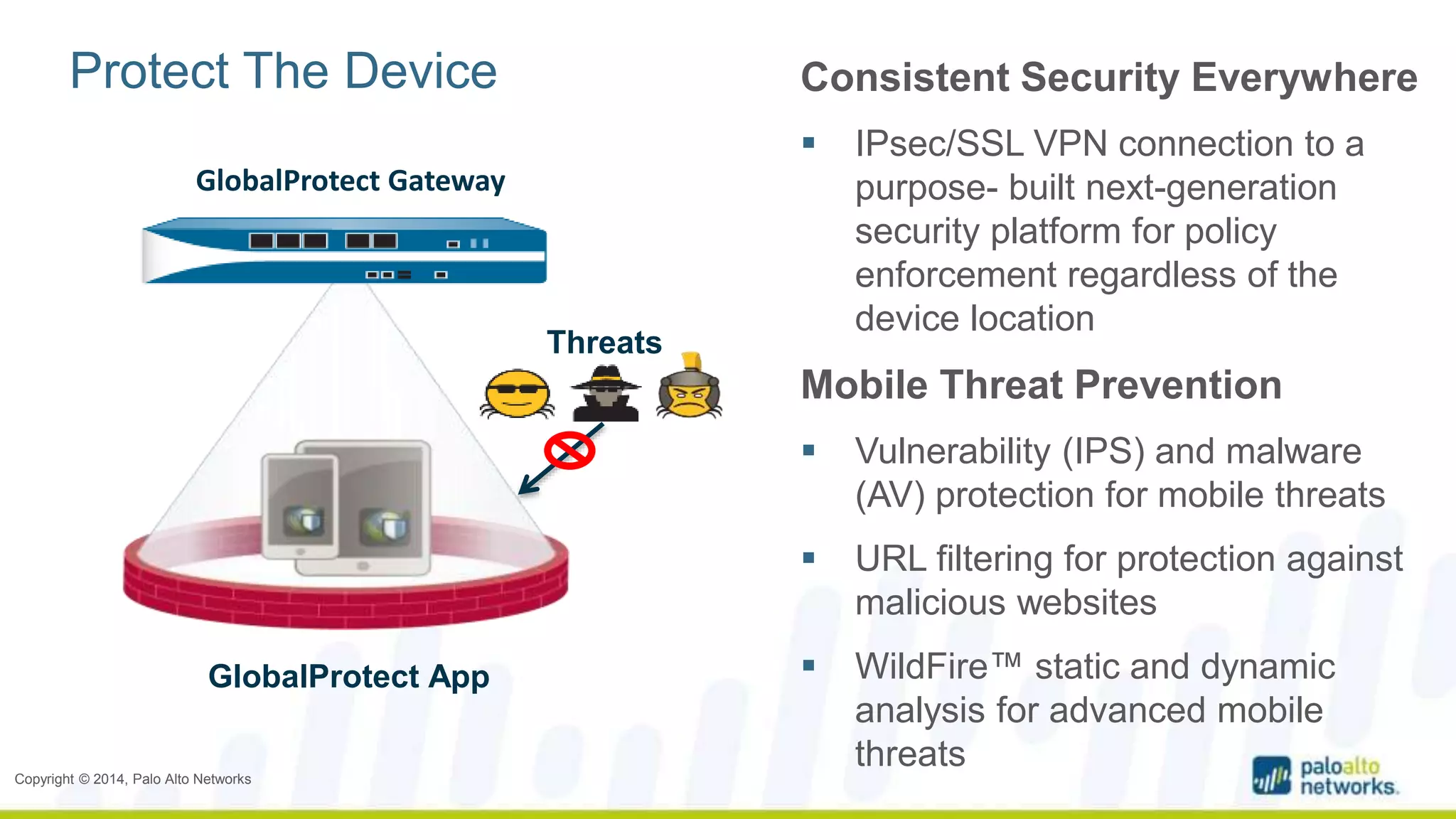 Protect The Device Consistent Security Everywhere 
Copyright © 2014, Palo Alto Networks 
 IPsec/SSL VPN connection to a 
purpose- built next-generation 
security platform for policy 
enforcement regardless of the 
device location 
Mobile Threat Prevention 
 Vulnerability (IPS) and malware 
(AV) protection for mobile threats 
 URL filtering for protection against 
malicious websites 
 WildFire™ static and dynamic 
analysis for advanced mobile 
threats 
Threats 
GlobalProtect Gateway 
GlobalProtect App 
 