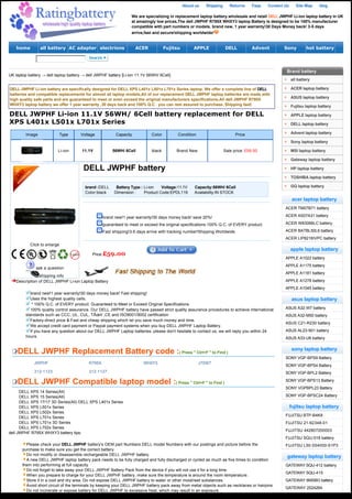 About us     Shipping      Returns     Faqs   Contact Us     Site Map     blog

                                                                   We are specializing in replacement laptop battery.wholesale and retail DELL JWPHF Li-ion laptop battery in UK
                                                                   at amazingly low prices,The dell JWPHF R795X WHXY3 laptop Battery is designed to be 100% manufacturer
                                                                   compatible with part numbers or models. brand new, 1 year warranty!30 Days Money back! 3-5 days
                                                                   arrive,fast and secure!shipping worldwide!


    home         all battery AC adapter electrions                   ACER              Fujitsu         APPLE             DELL           Advent        Sony          hot battery




                                                                                                                                                        Brand battery
UK laptop battery → dell laptop battery → dell JWPHF battery [Li-ion 11.1V 56WH/ 6Cell]
                                                                                                                                                            all battery

DELL JWPHF Li-ion battery are specifically designed for DELL XPS L401x L501x L701x Series laptop. We offer a complete line of DELL                          ACER laptop battery
batteries and compatible replacements for almost all laptop models,All of our replacement DELL JWPHF laptop batteries are made with
high quality safe parts and are guaranteed to meet or even exceed the original manufacturers specifications.All dell JWPHF R795X                            ASUS laptop battery
WHXY3 laptop battery we offer 1 year warranty ,30 days back and 100% Q.C . you can rest assured to purchase. Shipping fast!                                 Fujitsu laptop battery

DELL JWPHF Li-ion 11.1V 56WH/ 6Cell battery replacement for DELL                                                                                            APPLE laptop battery
XPS L401x L501x L701x Series                                                                                                                                DELL laptop battery

         Image             Type       Voltage             Capacity             Color          Condition                        Price                        Advent laptop battery

                                                                                                                                                            Sony laptop battery

                          Li-ion       11.1V            56WH/ 6Cell            black         Brand New                   Sale price: £59.00                 MSI laptop battery

                                                                                                                                                            Gateway laptop battery

                                        DELL JWPHF battery                                                                                                  HP laptop battery

                                                                                                                                                            TOSHIBA laptop battery

                                         brand :DELL       Battery Type : Li-ion       Voltage:11.1V       Capacity:56WH/ 6Cell                             GQ laptop battery
                                         Color:black       Dimension :       Product Code:EPDL119      Availability:IN STOCK
                                                                                                                                                             acer laptop battery
                                                                                                                                                       ACER TM07B71 battery

                                                   brand new!1 year warranty!30 days money back! save 20%!                                             ACER AS07A31 battery

                                                   guaranteed to meet or exceed the original specifications.100% Q.C. of EVERY product.                ACER W83066LC battery

                                                   Fast shipping!3-5 days arrive with tracking number!Shipping Worldwide.                              ACER BATBL50L6 battery
                                                                                                                                                       ACER LIP8216IVPC battery
           Click to enlarge
                                                                                                                                                            apple laptop battery
                                                Price:£59.00
                                                                                                                                                       APPLE A1022 battery
                                                                                                                                                       APPLE A1175 battery
              ask a question
                                                                                                                                                       APPLE A1181 battery
                shipping info
    Description of DELL JWPHF Li-ion Laptop Battery                                                                                                    APPLE A1278 battery
                                                                                                                                                       APPLE A1045 battery
           brand new!1 year warranty!30 days money back! Fast shipping!
           Uses the highest quality cells.                                                                                                                  asus laptop battery
            * 100% Q.C. of EVERY product. Guaranteed to Meet or Exceed Original Specifications
           100% quality control assurance. Our DELL JWPHF battery have passed strict quality assurance procedures to achieve international             ASUS A32-W7 battery
         standards such as CCC, UL, CUL, TÃœV ,CE and ISO9001/9002 certification                                                                       ASUS A32-M50 battery
           Factory-direct price & Fast and cheap shipping which let you save much money and time.
                                                                                                                                                       ASUS C21-R230 battery
           We accept credit card payment or Paypal payment systems when you buy DELL JWPHF Laptop Battery.
           If you have any question about our DELL JWPHF Laptop batteries, please don't hesitate to contact us, we will reply you within 24            ASUS AL23-901 battery
         hours.                                                                                                                                        ASUS A33-U6 battery

                                                                                                                                                            sony laptop battery
    DELL JWPHF Replacement Battery code :( Press " Ctrl+F " to Find )
                                                                                                                                                       SONY VGP-BPS9 Battery
             JWPHF                         R795X                          WHXY3                           J70W7
                                                                                                                                                       SONY VGP-BPS4 Battery
             312-1123                      312-1127                                                                                                    SONY VGP-BPL2 Battery

    DELL JWPHF Compatible laptop model :( Press " Ctrl+F " to Find )                                                                                   SONY VGP-BPS13 Battery
                                                                                                                                                       SONY VGPBPL23 Battery
      DELL XPS 14 Series(All)
      DELL XPS 15 Series(All)                                                                                                                          SONY VGP-BPSC24 Battery
      DELL XPS 17/17 3D Series(All) DELL XPS L401x Series
      DELL XPS L501x Series                                                                                                                                 fujitsu laptop battery
      DELL XPS L502x Series
      DELL XPS L701x Series                                                                                                                            FUJITSU BTP-B4K8
      DELL XPS L701x 3D Series                                                                                                                         FUJITSU 21-92348-01
      DELL XPS L702x Series
                                                                                                                                                       FUJITSU 442807200003
dell JWPHF R795X WHXY3 battery tips:
                                                                                                                                                       FUJITSU SQU-518 battery
         Please check your DELL JWPHF battery's OEM part Numbers DELL model Numbers with our postings and picture before the                           FUJITSU L50-3S4000-S1P3
       purchase to make sure you get the correct battery.
         Do not modify or disassemble rechargeable DELL JWPHF battery.                                                                                  gateway laptop battery
         A new DELL JWPHF laptop battery pack needs to be fully charged and fully discharged or cycled as much as five times to condition
       them into performing at full capacity.                                                                                                          GATEWAY SQU-412 battery
         Do not forget to take away your DELL JWPHF Battery Pack from the device if you will not use it for a long time.
                                                                                                                                                       GATEWAY SQU-415
         When you prepare to charge for your DELL JWPHF battery, make sure the temperature is around the room temperature.
         Store it in a cool and dry area. Do not expose DELL JWPHF battery to water or other moist/wet substances.                                     GATEWAY 6MSBG battery
         Avoid short circuit of the terminals by keeping your DELL JWPHF battery pack away from metal objects such as necklaces or hairpins.
                                                                                                                                                       GATEWAY 2524264
         Do not incinerate or expose battery for DELL JWPHF to excessive heat, which may result in an exposure.
 