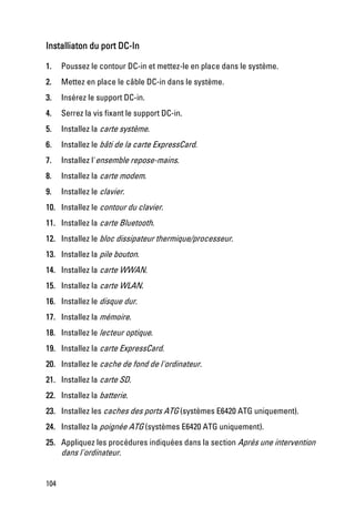 Installiaton du port DC-In

1.    Poussez le contour DC-in et mettez-le en place dans le système.
2.    Mettez en place le câble DC-in dans le système.
3.    Insérez le support DC-in.
4.    Serrez la vis fixant le support DC-in.
5.    Installez la carte système.
6.    Installez le bâti de la carte ExpressCard.
7.    Installez l'ensemble repose-mains.
8.    Installez la carte modem.
9.    Installez le clavier.
10. Installez le contour du clavier.
11. Installez la carte Bluetooth.
12. Installez le bloc dissipateur thermique/processeur.
13. Installez la pile bouton.
14. Installez la carte WWAN.
15. Installez la carte WLAN.
16. Installez le disque dur.
17. Installez la mémoire.
18. Installez le lecteur optique.
19. Installez la carte ExpressCard.
20. Installez le cache de fond de l'ordinateur.
21. Installez la carte SD.
22. Installez la batterie.
23. Installez les caches des ports ATG (systèmes E6420 ATG uniquement).
24. Installez la poignée ATG (systèmes E6420 ATG uniquement).
25. Appliquez les procédures indiquées dans la section Après une intervention
    dans l'ordinateur.


104
 