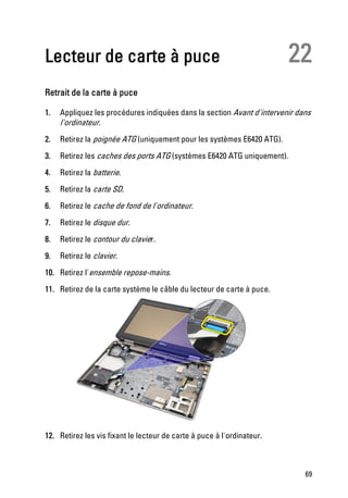 Lecteur de carte à puce                                                  22
Retrait de la carte à puce

1.   Appliquez les procédures indiquées dans la section Avant d'intervenir dans
     l'ordinateur.
2.   Retirez la poignée ATG (uniquement pour les systèmes E6420 ATG).

3.   Retirez les caches des ports ATG (systèmes E6420 ATG uniquement).

4.   Retirez la batterie.

5.   Retirez la carte SD.

6.   Retirez le cache de fond de l'ordinateur.

7.   Retirez le disque dur.

8.   Retirez le contour du clavier.

9.   Retirez le clavier.

10. Retirez l'ensemble repose-mains.

11. Retirez de la carte système le câble du lecteur de carte à puce.




12. Retirez les vis fixant le lecteur de carte à puce à l'ordinateur.



                                                                             69
 