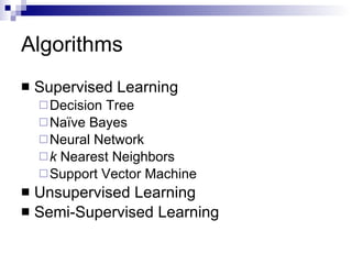Algorithms Supervised Learning Decision Tree Naïve Bayes Neural Network k  Nearest Neighbors Support Vector Machine Unsupervised Learning Semi-Supervised Learning 