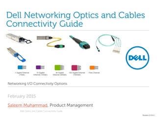 Dell Optics and Cables Connectivity Guide
Dell Networking Optics and Cables
Connectivity Guide
Networking I/O Connectivity Options
February 2015
Saleem Muhammad, Product Management
1 Gigabit Ethernet
(1GbE)
10 Gigabit
Ethernet (10GbE)
40 Gigabit
Ethernet (40GbE)
100 Gigabit Ethernet
(100GbE)
Fibre Channel
Revision Q116-0.1
 