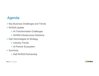 Agenda
 Key Business Challenges and Trends
 NVIDIA Update
 AI Transformation Challenges
 NVIDIA Infrastructure Solutions
 Dell Technologies AI Strategy
 Industry Trends
 AI Partner Ecosystem
 Summary
 Dell NVIDIA Partnership
 