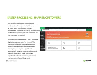 FASTER PROCESSING, HAPPIER CUSTOMERS
The insurance industry still relies largely on
evidence-based, non-standardized documents such
as paper, scans, and photos for contract
management. Processing this type of documentation
is often manual, tedious, and time consuming for
the insurer and the insured.
‘Cardif Forward’ is BNP Paribas Cardif’s innovative
digitization plan and AI is a key element. The
company—known for leading-edge customer
service—is developing GPU-accelerated deep
learning image recognition algorithms to
automatically recognize and process documents
digitized by its clients. The AI solution will
significantly reduce the complexity of contract
management and speed the process.
 