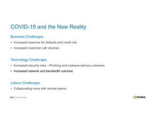 COVID-19 and the New Reality
Business Challenges
 Increased reserves for defaults and credit risk
 Increased customer call volumes
Technology Challenges
 Increased security risks - Phishing and malware delivery schemes
 Increased network and bandwidth volumes
Labour Challenges
 Collaborating more with remote teams
 