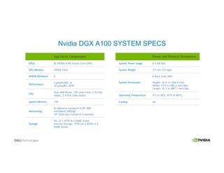 Nvidia DGX A100 SYSTEM SPECS
App Focus Components
GPUs 8x NVIDIA A100 Tensor Core GPUs
GPU Memory 320GB Total
NVIDIA NVSwitch 6
Performance
5 petaFLOPS AI
10 petaOPS, INT8
CPU
Dual AMD Rome, 128 cores total, 2.25 GHz
(base), 3.4 GHz (max boost)
System Memory 1TB
Networking
9x Mellanox ConnectX-6 VPI HDR
InfiniBand/200GigE
10th Dual-port ConnectX-6 optional
Storage
OS: 2x 1.92TB M.2 NVME drives
Internal Storage: 15TB (4x 3.84TB) U.2
NVME drives
Power and Physical Dimensions
System Power Usage 6.5 kW Max
System Weight 271 lbs (123 kgs)
System Dimensions
6 Rack Units (RU)
Height: 10.4 in (264.0 mm)
Width: 19.0 in (482.3 mm) Max
Length: 35.3 in (897.1 mm) Max
Operating Temperature 5ºC to 30ºC (41ºF to 86ºF)
Cooling Air
 