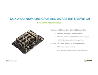 DGX A100: NEW A100 GPUs AND 2X FASTER NVSWITCH
5 PetaFLOPS AI Performance
Eight new A100 Tensor Core GPUs/320GB total HBM2
Twelve NVLinks per GPU, 2x more than V100
600GB/s bi-directional bandwidth between any GPU pair
~10X PCIe Gen4 bandwidth with next-gen NVLink
All GPUs fully connected with six next-gen NVSwitch
4.8TB/s bi-directional bandwidth
In one second we could transfer 426 hours of HD video
 