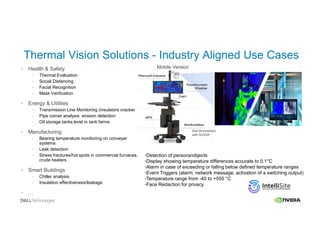 Thermal Vision Solutions - Industry Aligned Use Cases
• Health & Safety
– Thermal Evaluation
– Social Distancing
– Facial Recognition
– Mask Verification
• Energy & Utilities
– Transmission Line Monitoring (insulators cracked)
– Pipe corner analysis: erosion detection
– Oil storage tanks level in tank farms
• Manufacturing
– Bearing temperature monitoring on conveyer
systems
– Leak detection
– Stress fractures/hot spots in commercial furnaces,
crude heaters
• Smart Buildings
– Chiller analysis
– Insulation effectiveness/leakage
• …
•Detection of persons/objects
•Display showing temperature differences accurate to 0.1°C
•Alarm in case of exceeding or falling below defined temperature ranges
•Event Triggers (alarm, network message, activation of a switching output)
•Temperature range from -40 to +550 °C
•Face Redaction for privacy
Mobile Version
Dell Workstation
with NVIDIA
 