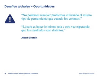 Desafíos globales = Oportunidades “ No podemos resolver problemas utilizando el mismo tipo de pensamiento que cuando los creamos.” “ Locura es hacer lo mismo una y otra vez esperando que los resultados sean distintos.” Albert Einstein Reflexión sobre la relación organización - ecosistema 