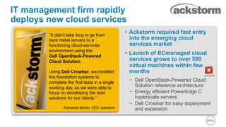 IT management firm rapidly
deploys new cloud services
“It didn’t take long to go from
bare metal servers to a
functioning cloud-services
environment using the
Dell OpenStack-Powered
Cloud Solution.
Using Dell Crowbar, we installed
the foundation systems to
complete the first tests in a single
working day, so we were able to
focus on developing the best
solutions for our clients.”
Fernando Benito, CEO, ackstorm

•  Ackstorm required fast entry
into the emerging cloud
services market
•  Launch of ECmanaged cloud
services grows to over 500
virtual machines within few
months
−  Dell OpenStack-Powered Cloud
Solution reference architecture
−  Energy efficient PowerEdge C
hyperscale servers
−  Dell Crowbar for easy deployment
and expansion

 