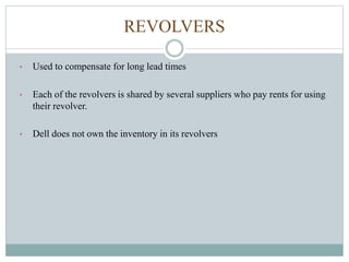 REVOLVERS
• Used to compensate for long lead times
• Each of the revolvers is shared by several suppliers who pay rents for using
their revolver.
• Dell does not own the inventory in its revolvers
 