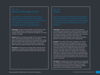 19
Dell Compellent Storage Center | Selling Storage Center
Use case:
Microsoft Exchange Server
The ability to automatically classify and
migrate inactive portions of an Exchange
Server database at the block level onto lower-
cost drives is a key advantage of the
intelligent features of Storage Center.
Advantage: Storage Center identifies inactive blocks of data
in an Exchange Server configuration and automatically
migrates those blocks off an expensive storage tier to a lower
cost tier of storage.
Scenario: When configuring storage for Microsoft Exchange
Server, administrators typically focus on low-latency
response requirements and store all Exchange Server-related
data on expensive high-performance disks—even though 80
percent or more of it is inactive and does not require the
fastest spindles available to deliver high write performance.
The result: Administrators can easily place Exchange Server
databases on multiple tiers of storage, reducing the overall
system costs while maintaining a high level of performance.
Use case:
Oracle
Built-in intelligence helps ensure that data is
spread evenly across all spindles at all times,
minimizing micromanagement of the storage
subsystem to maintain performance of the
database.
Advantage: Storage Center records and tracks specific
information about every block of data. Information about the
blocks is gathered without system overhead but is extensive,
including time written, the type of disk drive used, the type of
data stored, RAID level and more. All of these use
characteristics enable Storage Center to take an intelligent
approach to storing, recovering and managing data.
Scenario: The critical information contained in an Oracle
database is frequently used to establish business success,
making fast storage access essential. But simply dedicating
more drives with the fastest spindles often won‖t deliver the
necessary performance. Traditional storage systems are
prone to “hot spots” because the same areas of specific
spindles continually receive I/O requests from the distinct
application for which they were provisioned. Administrators
must spend a significant amount of time tuning performance.
Virtualizing at the disk level eliminates these “hot spots” and
increases performance by spreading server access across all
drives in the system.
The result: Companies that harness the power of Oracle with
the intelligence of Storage Center create a dynamic database
infrastructure that is cost-effective and easy to manage.
Administrators spend less time micromanaging storage to
keep business-critical database performance high.
Dell and partner confidential. Do not share or distribute.
 