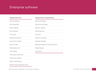 32
Dell Compellent Storage Center | Specifications
Enterprise software
Storage Center Core Storage Center Licensed Features
Drive virtualization Data Instant Replay
Port virtualization Remote Instant Replay
Server mapping Dynamic Capacity
Drive optimizer Data Progression
Thin import Fast Track
Application optimizer Dynamic Controllers
Copy-mirror-migrate Enterprise Manager
Boot from SAN Multipath Manager for Microsoft Servers
Heterogeneous OS Replay Manager
LUN masking Live Volume
Performance monitoring
Unified user interface
System administration
Remote monitoring/phone home
Dell and partner confidential. Do not share or distribute.
 