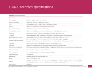 33
Dell Compellent Storage Center | Specifications
FS8600 technical specifications
FS8600 Technical Specifications
Form Factor 2U
Power Supplies 2 PSUs per appliance, 717W, 115-230 VAC
Backup Power Supply 1 battery per controller, 2 batteries per appliance
CPU Dual Intel E5620 4 core / 12MB L3 / 80W / 2.4GHz per controller
Memory 24GB DDR3 1066 MHz per controller (48GB per appliance)
Back-end Connectivity 2x8Gb FC ports per controller (switch required)
Front-end Connectivity 1GbE version: 4x1GbE ports per controller, 10GbE version: 2x10GbE ports per controller
Protocols CIFS/SMBv1.0, SMBv2.1, NFSv3, NFS v 4 Active Directory, LDAP, NIS, NDMP, SNMP
Clustering Single namespace for up to 4 appliances (8 controllers), active/active clustering for controller pairs
Maximum Storage Capacity 2 PB usable file capacity per NAS controller (with two Storage Center systems and SCOS 6.x)
Storage Center Requirements
Max number of Storage Center systems: 2, Supported controllers: Series 40 and SC8000,
Supported SCOS versions: 5.5.6, 5.5.10, 6.2.3, 6.2, 6.3, 6.4 Minimum Enterprise Manager version: 6.2
Replication Asynchronous to peer FS8600 appliance(s), like-to-like configurations only
Snapshots Redirect-on-write snapshots, user-accessible over the network, thin volume cloning
Deduplication/compression Post-process policy-based variable block (128KB +/- 64KB) data deduplication and LZPS compression per NAS volume
Automated Tiering Compellent Data Progression applied to NAS Pool
Thin Provisioning File-level and block-level with Compellent Dynamic Capacity
Space Reclamation Not supported
Management Enterprise Manager and Fluid File System GUI
NDMP Three-way via Ethernet ports
Antivirus
ICAP, Symantec ScanEngine 5.2 and Protection Engine 7.0;McAfee Scan Enterprise 8.8 and Enterprise for Storage 1.0.2,
Sophos Endpoint Security and Control 10.0; TrendMicro InterScan Web Security Suite 3.1
Boot Options Local boot
Dell and partner confidential. Do not share or distribute.
 