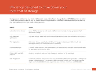 6
Dell Compellent Storage Center | Features and benefits
Efficiency designed to drive down your
total cost of storage
Having separate solutions for your block and file data is costly and inefficient. Storage Center and FS8600 combine to deliver
a single platform for block and file built on the efficiency and intelligence of Compellent‖s patented architecture. Budget for
your business by optimizing your back-end storage costs.
Feature Benefit
Automated tiered storage Lower TCO of storage for both block and file environments by freeing up space on high
performance drives.
Data placement
optimization
Purchase and use fewer high-performance drives without impacting application performance.
Thin Replication Help lower storage capacity, bandwidth and management costs, and deliver multi-site
replication without the traditional cost or complexity.
Enterprise Manager A unified, point-and-click user interface that cuts administration time and eliminates the need
for specialized administrative skills.
Efficient SAN and NAS
platform
Avoid the complexity and overhead of separate solutions for file and block.
Data Progression Continually optimize performance and data placement as the system grows that can help slash
storage costs significantly. On-demand Data Progression can tier data from write-intensive
single-level cell (SLC) SSDs to less-expensive, read-intensive multi-level cell (MLC) SSDs.
Dell and partner confidential. Do not share or distribute.
 