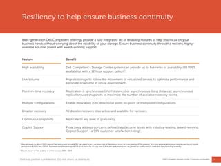7
Dell Compellent Storage Center | Features and benefits
Resiliency to help ensure business continuity
Next-generation Dell Compellent offerings provide a fully integrated set of reliability features to help you focus on your
business needs without worrying about the reliability of your storage. Ensure business continuity through a resilient, highly-
available solution paired with award-winning support.
Feature Benefit
High availability Dell Compellent‖s Storage Center system can provide up to five nines of availability (99.999%
availability) with a 12 hour support option.1.
Live Volume Migrate storage to follow the movement of virtualized servers to optimize performance and
eliminate downtime in virtual environments.
Point-in-time recovery Replication is synchronous (short distance) or asynchronous (long distance); asynchronous
replication uses snapshots to maximize the number of available recovery points.
Multiple configurations Enable replication in bi-directional point-to-point or multipoint configurations.
Disaster recovery All disaster recovery sites active and available for recovery.
Continuous snapshots Replicate to any level of granularity.
Copilot Support Proactively address concerns before they become issues with industry-leading, award-winning
Copilot Support—a 96% customer satisfaction rating2.
1 *Results based on March 2013 internal Dell testing with actual MTBF calculated from a run time total of 26 million+ hours (accumulated by 6724 systems). Run time and availability impacting failures for a 6 month
period from 8/2012 thru 1/2013. Estimated weighted average MTTR of 6.6 hours for 12 hour part SLA. Actual performance will vary based on configuration, usage and manufacturing variability.
2 Results based on Dell analysis of online surveys, 2009- 2013
Dell and partner confidential. Do not share or distribute.
 