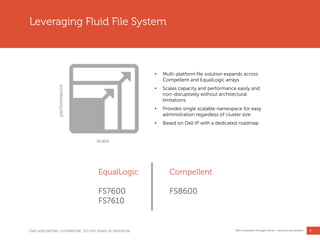 8
Dell Compellent Storage Center | Features and benefits
Leveraging Fluid File System
• Multi-platform file solution expands across
Compellent and EqualLogic arrays
• Scales capacity and performance easily and
non-disruptively without architectural
limitations
• Provides single scalable namespace for easy
administration regardless of cluster size
• Based on Dell IP with a dedicated roadmap
EqualLogic
FS7600
FS7610
Compellent
FS8600
scale
performance
Dell and partner confidential. Do not share or distribute.
 