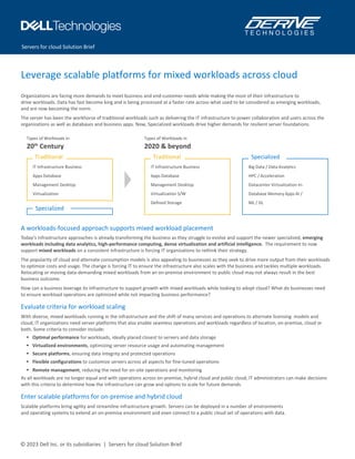 Servers for cloud Solution Brief
Leverage scalable platforms for mixed workloads across cloud
Edge Solutions – From the Edge to Everywhere
Organizations are facing more demands to meet business and end-customer needs while making the most of their infrastructure to
drive workloads. Data has fast become king and is being processed at a faster rate across what used to be considered as emerging workloads,
and are now becoming the norm.
The server has been the workhorse of traditional workloads such as delivering the IT infrastructure to power collaboration and users across the
organizations as well as databases and business apps. Now, Specialized workloads drive higher demands for resilient server foundations.
A workloads-focused approach supports mixed workload placement
Today’s infrastructure approaches is already transforming the business as they struggle to evolve and support the newer specialized, emerging
workloads including data analytics, high-performance computing, dense virtualization and artificial intelligence. The requirement to now
support mixed workloads on a consistent infrastructure is forcing IT organizations to rethink their strategy.
The popularity of cloud and alternate consumption models is also appealing to businesses as they seek to drive more output from their workloads
to optimize costs and usage. The change is forcing IT to ensure the infrastructure also scales with the business and tackles multiple workloads.
Relocating or moving data-demanding mixed workloads from an on-premise environment to public cloud may not always result in the best
business outcome.
How can a business leverage its infrastructure to support growth with mixed workloads while looking to adopt cloud? What do businesses need
to ensure workload operations are optimized while not impacting business performance?
Evaluate criteria for workload scaling
With diverse, mixed workloads running in the infrastructure and the shift of many services and operations to alternate licensing models and
cloud, IT organizations need server platforms that also enable seamless operations and workloads regardless of location, on-premise, cloud or
both. Some criteria to consider include:
• Optimal performance for workloads, ideally placed closest to servers and data storage
• Virtualized environments, optimizing server resource usage and automating management
• Secure platforms, ensuring data integrity and protected operations
• Flexible configurations to customize servers across all aspects for fine-tuned operations
• Remote management, reducing the need for on-site operations and monitoring
As all workloads are no longer equal and with operations across on-premise, hybrid cloud and public cloud, IT administrators can make decisions
with this criteria to determine how the infrastructure can grow and options to scale for future demands.
Enter scalable platforms for on-premise and hybrid cloud
Scalable platforms bring agility and streamline infrastructure growth. Servers can be deployed in a number of environments
and operating systems to extend an on-premise environment and even connect to a public cloud set of operations with data.
© 2023 Dell Inc. or its subsidiaries | Servers for cloud Solution Brief
Types of Workloads in
2020 & beyond
IT Infrastructure Business
Apps Database
Management Desktop
Virtualization S/W
Defined Storage
Big Data / Data Analytics
HPC / Acceleration
Datacenter Virtualization In-
Database Memory Apps AI /
ML / DL
Traditional Specialized
Types of Workloads in
20th
Century
IT Infrastructure Business
Apps Database
Management Desktop
Virtualization
Traditional
Specialized
 