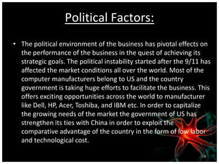 Political Factors:
• The political environment of the business has pivotal effects on
the performance of the business in the quest of achieving its
strategic goals. The political instability started after the 9/11 has
affected the market conditions all over the world. Most of the
computer manufacturers belong to US and the country
government is taking huge efforts to facilitate the business. This
offers exciting opportunities across the world to manufacturer
like Dell, HP, Acer, Toshiba, and IBM etc. In order to capitalize
the growing needs of the market the government of US has
strengthen its ties with China in order to exploit the
comparative advantage of the country in the form of low labor
and technological cost.
19
 