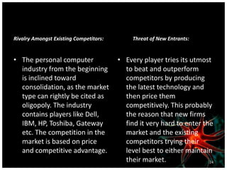 Rivalry Amongst Existing Competitors:
• The personal computer
industry from the beginning
is inclined toward
consolidation, as the market
type can rightly be cited as
oligopoly. The industry
contains players like Dell,
IBM, HP, Toshiba, Gateway
etc. The competition in the
market is based on price
and competitive advantage.
Threat of New Entrants:
• Every player tries its utmost
to beat and outperform
competitors by producing
the latest technology and
then price them
competitively. This probably
the reason that new firms
find it very hard to enter the
market and the existing
competitors trying their
level best to either maintain
their market. 24
 