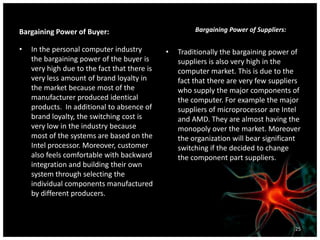 Bargaining Power of Buyer:
• In the personal computer industry
the bargaining power of the buyer is
very high due to the fact that there is
very less amount of brand loyalty in
the market because most of the
manufacturer produced identical
products. In additional to absence of
brand loyalty, the switching cost is
very low in the industry because
most of the systems are based on the
Intel processor. Moreover, customer
also feels comfortable with backward
integration and building their own
system through selecting the
individual components manufactured
by different producers.
Bargaining Power of Suppliers:
• Traditionally the bargaining power of
suppliers is also very high in the
computer market. This is due to the
fact that there are very few suppliers
who supply the major components of
the computer. For example the major
suppliers of microprocessor are Intel
and AMD. They are almost having the
monopoly over the market. Moreover
the organization will bear significant
switching if the decided to change
the component part suppliers.
25
 