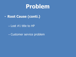 Problem
• Root Cause (conti.)

  – Lost #1 title to HP

  – Customer service problem
 