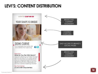 LEVI’S: CONTENT DISTRIBUTION

                                                              BRAND AND
                                                               CONTENT
                                                              ALIGNMENT




                                                             CONTENT
                                                             CAROUSEL




                                                          EASY ACCESS TO BRAND’S
                                                               SOCIAL PAGES


                                                              BRAND AND
                                                               CONTENT
                                                              ALIGNMENT




Federated Media Publishing Confidential and Proprietary
 