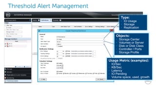 11
Threshold Alert Management
Type:
• IO Usage
• Storage
• Replication
Objects:
• Storage Center
• Volumes or Server
• Disk or Disk Class
• Controller / Ports
• Storage Profile
Usage Metric (examples):
• IO/Sec
• KB/Sec
• Latency
• IO Pending
• Volume space, used, growth
 