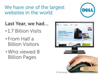 We have one of the largest
websites in the world

Last Year, we had…
• 1.7 Billion Visits
• From Half a
  Billion Visitors
• Who viewed 8
  Billion Pages

                       © Thinkstock
 