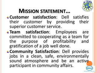 MISSION STATEMENT…
Customer satisfaction: Dell satisfies
their customer by providing their
superior customer service.
Team satisfaction: Employees are
committed to cooperating as a team for
the purpose of profitability and
gratification of a job well done.
Community Satisfaction: Dell provides
jobs in a clean, safe, environmentally
sound atmosphere and be an active
participant in community affairs.

 