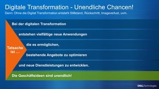 Copyright © Dell Inc. All Rights Reserved.
Digitale Transformation - Unendliche Chancen!
Denn: Ohne die Digital Transformation entsteht Stillstand, Rückschritt, Imageverlust, uvm.
Bei der digitalen Transformation
Die Geschäftsideen sind unendlich!
entstehen vielfältige neue Anwendungen
die es ermöglichen,
bestehende Angebote zu optimieren
und neue Dienstleistungen zu entwicklen.
Tatsache
ist …
 