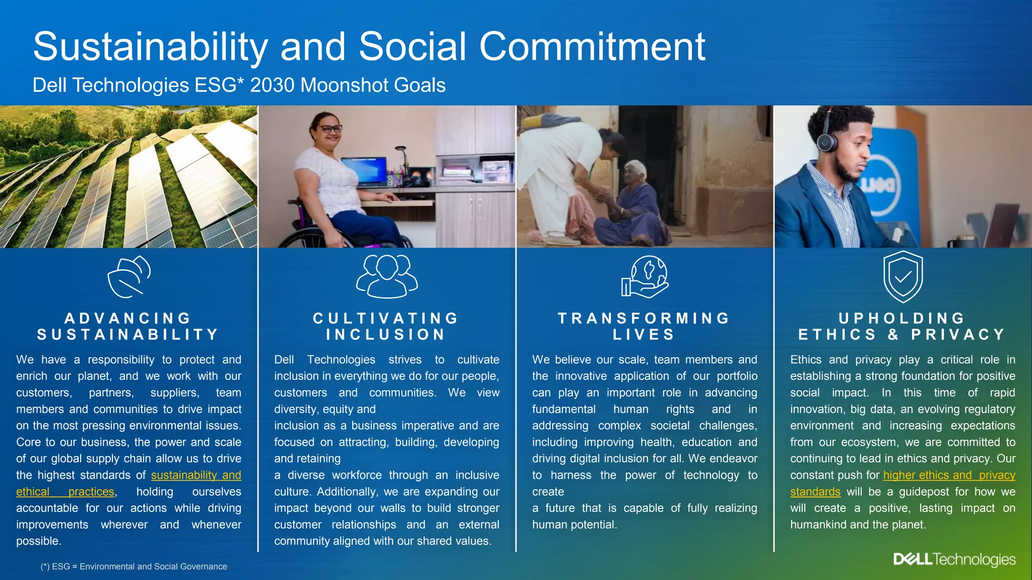 Copyright © Dell Inc. All Rights Reserved.
Sustainability and Social Commitment
Dell Technologies ESG* 2030 Moonshot Goals
Dell Technologies strives to cultivate
inclusion in everything we do for our people,
customers and communities. We view
diversity, equity and
inclusion as a business imperative and are
focused on attracting, building, developing
and retaining
a diverse workforce through an inclusive
culture. Additionally, we are expanding our
impact beyond our walls to build stronger
customer relationships and an external
community aligned with our shared values.
C U L T I V A T I N G
I N C L U S I O N
We believe our scale, team members and
the innovative application of our portfolio
can play an important role in advancing
fundamental human rights and in
addressing complex societal challenges,
including improving health, education and
driving digital inclusion for all. We endeavor
to harness the power of technology to
create
a future that is capable of fully realizing
human potential.
T R A N S F O R M I N G
L I V E S
Ethics and privacy play a critical role in
establishing a strong foundation for positive
social impact. In this time of rapid
innovation, big data, an evolving regulatory
environment and increasing expectations
from our ecosystem, we are committed to
continuing to lead in ethics and privacy. Our
constant push for higher ethics and privacy
standards will be a guidepost for how we
will create a positive, lasting impact on
humankind and the planet.
U P H O L D I N G
E T H I C S & P R I V A C Y
A D V A N C I N G
S U S T A I N A B I L I T Y
We have a responsibility to protect and
enrich our planet, and we work with our
customers, partners, suppliers, team
members and communities to drive impact
on the most pressing environmental issues.
Core to our business, the power and scale
of our global supply chain allow us to drive
the highest standards of sustainability and
ethical practices, holding ourselves
accountable for our actions while driving
improvements wherever and whenever
possible.
(*) ESG = Environmental and Social Governance
 