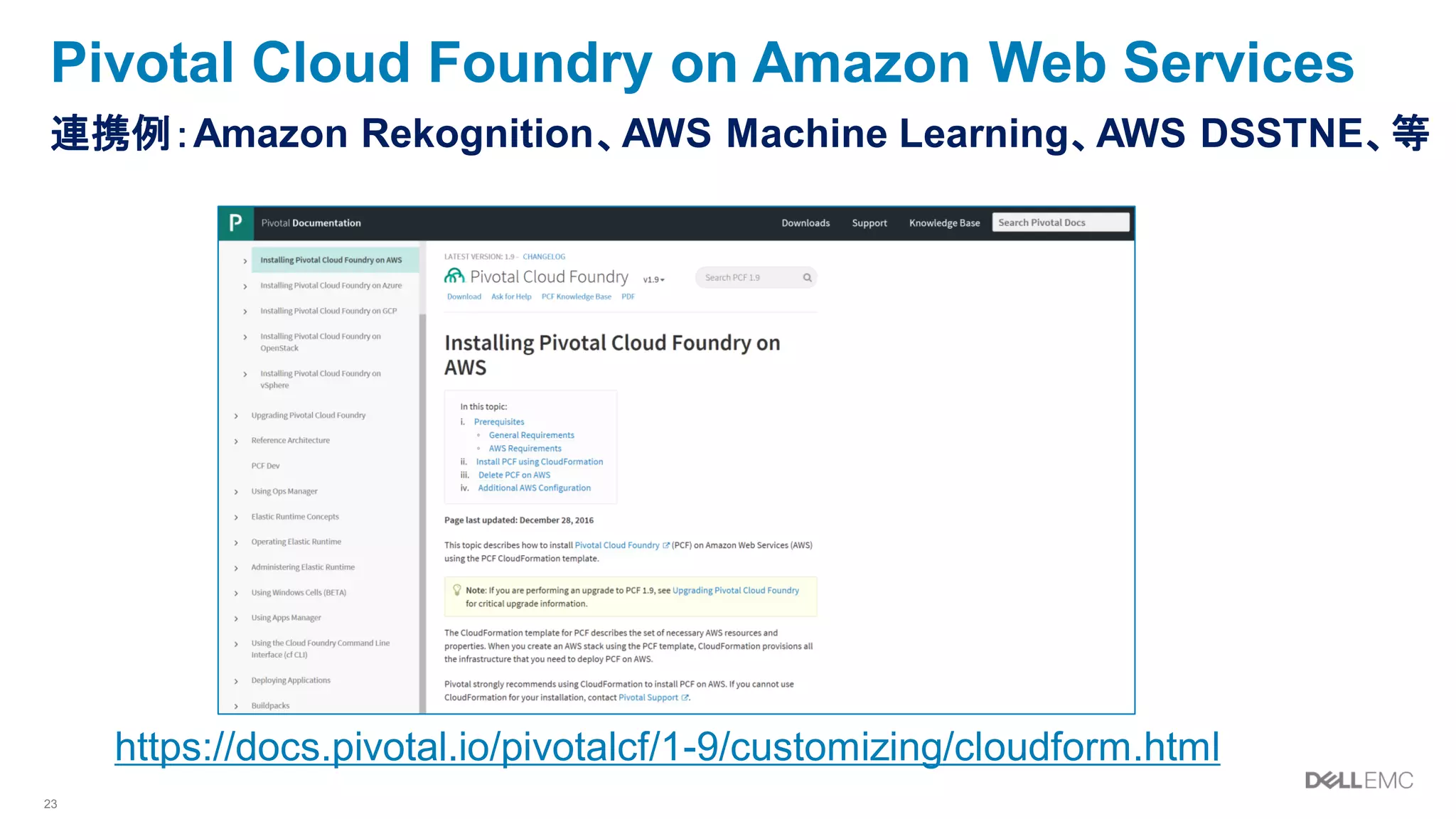23
Pivotal Cloud Foundry on Amazon Web Services
https://docs.pivotal.io/pivotalcf/1-9/customizing/cloudform.html
連携例：Amazon Rekognition、AWS Machine Learning、AWS DSSTNE、等
 