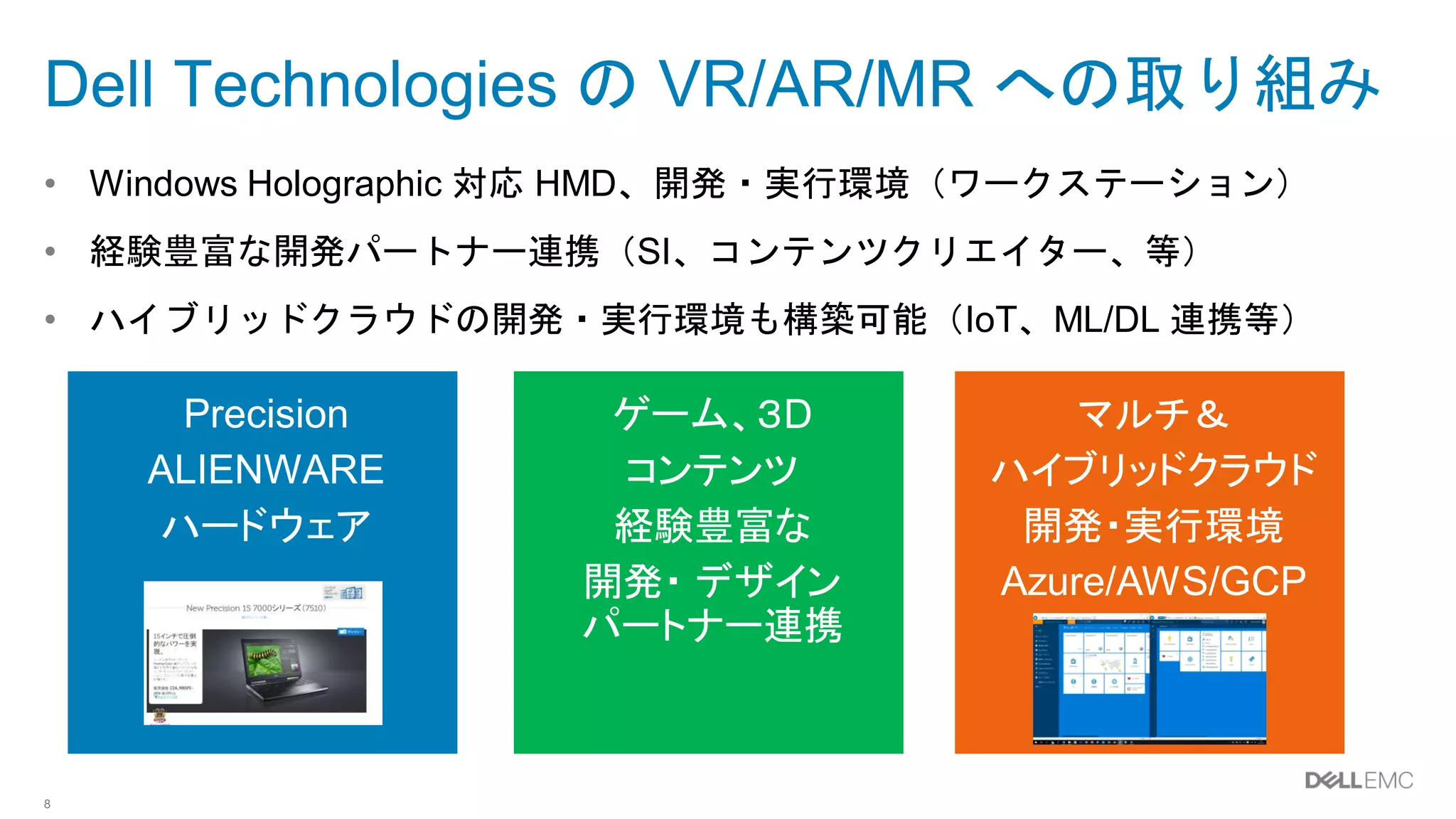 8
Dell Technologies の VR/AR/MR への取り組み
• Windows Holographic 対応 HMD、開発・実行環境（ワークステーション）
• 経験豊富な開発パートナー連携（SI、コンテンツクリエイター、等）
• ハイブリッドクラウドの開発・実行環境も構築可能（IoT、ML/DL 連携等）
Precision
ALIENWARE
ハードウェア
ゲーム、３D
コンテンツ
経験豊富な
開発・ デザイン
パートナー連携
マルチ＆
ハイブリッドクラウド
開発・実行環境
Azure/AWS/GCP
 