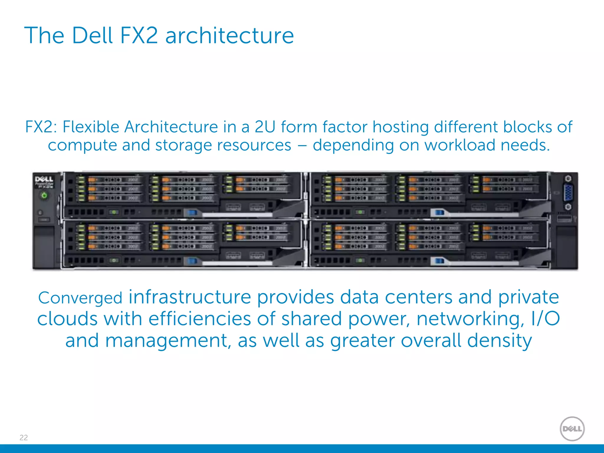 22
The Dell FX2 architecture
FX2: Flexible Architecture in a 2U form factor hosting different blocks of
compute and storage resources – depending on workload needs.
Converged infrastructure provides data centers and private
clouds with efficiencies of shared power, networking, I/O
and management, as well as greater overall density
 