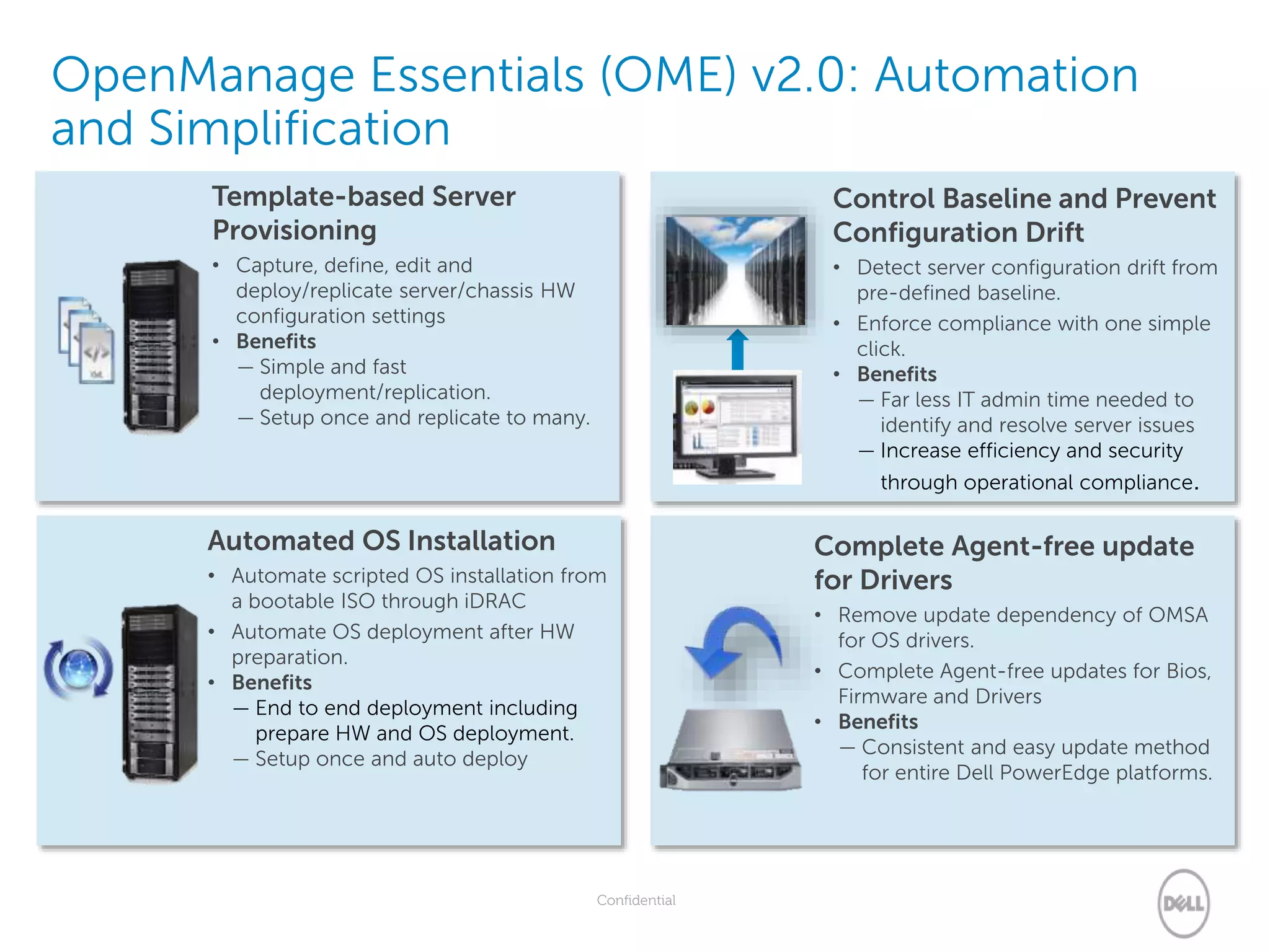 Confidential
OpenManage Essentials (OME) v2.0: Automation
and Simplification
Automated OS Installation
• Automate scripted OS installation from
a bootable ISO through iDRAC
• Automate OS deployment after HW
preparation.
• Benefits
— End to end deployment including
prepare HW and OS deployment.
— Setup once and auto deploy
Complete Agent-free update
for Drivers
• Remove update dependency of OMSA
for OS drivers.
• Complete Agent-free updates for Bios,
Firmware and Drivers
• Benefits
— Consistent and easy update method
for entire Dell PowerEdge platforms.
Template-based Server
Provisioning
• Capture, define, edit and
deploy/replicate server/chassis HW
configuration settings
• Benefits
— Simple and fast
deployment/replication.
— Setup once and replicate to many.
Control Baseline and Prevent
Configuration Drift
• Detect server configuration drift from
pre-defined baseline.
• Enforce compliance with one simple
click.
• Benefits
— Far less IT admin time needed to
identify and resolve server issues
— Increase efficiency and security
through operational compliance.
 