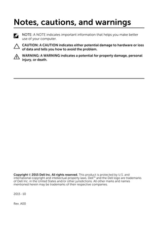 Notes, cautions, and warnings
NOTE: A NOTE indicates important information that helps you make better
use of your computer...