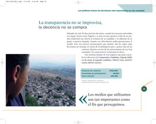 002-259_feb11.qxd   2/11/08   3:28 PM   Page 25




                                                                   Los políticos toman las decisiones más importantes en una sociedad




                                        La transparencia no se improvisa,
                                        la decencia no se compra
                                                      Faltando tan solo 20 días para las elecciones, cuando las encuestas mostraban
                                                      un empate técnico entre Fajardo y su más cercano opositor, el jefe de un par-
                                                      tido tradicional nos ofreció la renuncia de su candidato y la adhesión de su
                                                      grupo a nuestra campaña. Aceptar ese ofrecimiento podía garantizarnos el
                                                      triunfo. Pero nos pareció inconsecuente que durante más de cuatro años
                                                      lleváramos un mensaje en contra de la politiquería para, a quince días de los
                                                                        comicios, aliarnos con uno de los representantes de esa vieja
                                                                        costumbre. En consecuencia, rechazamos la oferta.
                                                                            Dos semanas después de esta negativa, que puso a prue-
                                                                        ba la coherencia de Compromiso Ciudadano, Fajardo dobló
                                                                        en las urnas al segundo candidato, 208.541 votos (45,69%)
                                                                        contra 100.931 (22,11%).



                                                                       Potencial de votación                      1’002.684
                                                                       Porcentaje de participación                   45,52%
                                                                       Total votación                              456.384

                                                                       Fuente: Organización Electoral.
                                                                       Registraduría Nacional del Estado Civil.




                                                                   «
                                                                                                                                        25


                                                                                Los medios que utilizamos
                                                                                son tan importantes como
                                                                                el fin que perseguimos.
 