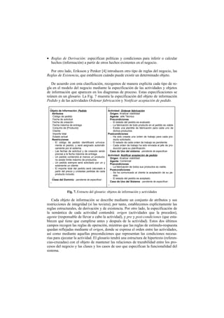 • Reglas de Derivación: especifican políticas y condiciones para inferir o calcular
  hechos (información) a partir de otros hechos existentes en el negocio.

  Por otro lado, Eriksson y Penker [4] introducen otro tipo de reglas del negocio, las
Reglas de Existencia, que establecen cuándo puede existir un determinado objeto.

   De acuerdo con esta clasificación, recogemos de manera explícita cada tipo de re-
gla en el modelo del negocio mediante la especificación de las actividades y objetos
de información que aparecen en los diagramas de proceso. Estas especificaciones se
reúnen en un glosario. La Fig. 7 muestra la especificación del objeto de información
Pedido y de las actividades Ordenar fabricación y Notificar aceptación de pedido.
  ...                                                   ...
  Objeto de Información: Pedido                         Actividad: Ordenar fabricación
   Atributos                                             Origen: Analizar viabilidad
   Código de pedido                                      Agente: Jefe Técnico
   Fecha de solicitud                                    Precondiciones:
   Fecha de creación                                      - El estado del pedido es evaluado
   Fecha máxima de entrega                                - La fabricación de todo producto en el pedido es viable
   Conjunto de {Producto}                                 - Existe una plantilla de fabricación para cada uno de
   Cliente                                                  dichos productos.
   Importe total                                        Postcondiciones:
   Estado actual                                          - Ha sido creada una orden de trabajo para cada pro-
   Restricciones                                            ducto solicitado;
   - El código de pedido identificará unívoca-            - El estado de cada orden de trabajo es pendiente.
      mente el pedido, y será asignado automáti-          - Cada orden de trabajo ha sido enviada al jefe de pro-
      camente por el sistema.                               ducción para su planificación.
   - Las fechas de solicitud y de creación serán         Caso de Uso del sistema: -pendiente de especificar-
      previas a la fecha máxima de entrega.
                                                        Actividad: Notificar aceptación de pedido
   - Un pedido contendrá al menos un producto;
                                                         Origen: Analizar viabilidad
      no existe límite máximo de productos.
                                                         Agente: Comercial
   - Un pedido siempre será solicitado por un y
                                                         Precondiciones:
      solamente un cliente
                                                          - La fabricación de todos sus productos es viable.
   - El importe total del pedido será calculado a
                                                         Postcondiciones:
      partir del precio y unidades pedidas de cada
                                                          - Se ha comunicado al cliente la aceptación de su pe-
      producto incluido.
                                                            dido.
        ...
                                                          - El estado del pedido es aceptado.
        Clase del Dominio: -pendiente de especificar-
  ...                                                    Caso de Uso del Sistema: -pendiente de especificar-
                                                        ...


                     Fig. 7. Extracto del glosario: objetos de información y actividades

   Cada objeto de información se describe mediante un conjunto de atributos y sus
restricciones de integridad (si las tuviera); por tanto, establecemos explícitamente las
reglas estructurales, de derivación y de existencia. Por otro lado, la especificación de
la semántica de cada actividad contendrá: origen (actividades que la preceden),
agente (responsable de llevar a cabo la actividad), y pre y post-condiciones (que esta-
blecen qué tiene que cumplirse antes y después de la actividad). Estos dos últimos
campos recogen las reglas de operación, mientras que las reglas de estímulo-respuesta
quedan reflejadas mediante el origen, donde se expresa el orden entre las actividades,
así como mediante aquellas precondiciones que representan las condiciones necesa-
rias para ejecutar la actividad. El glosario tendrá una estructura de hipertexto (referen-
cias-cruzadas) con el objeto de mantener las relaciones de trazabilidad entre los pro-
cesos del negocio y las clases y los casos de uso que especifican la funcionalidad del
sistema.
 