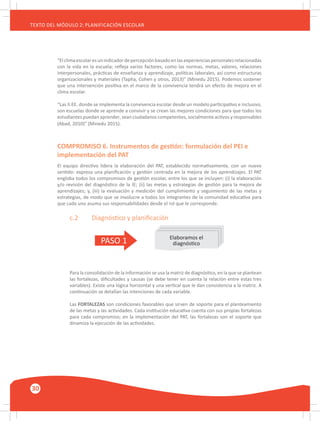 30
TEXTO DEL MÓDULO 2: PLANIFICACIÓN ESCOLAR
“Elclimaescolaresunindicadordepercepciónbasadoenlasexperienciaspersonalesrelacionadas
con la vida en la escuela; refleja varios factores, como las normas, metas, valores, relaciones
interpersonales, prácticas de enseñanza y aprendizaje, políticas laborales, así como estructuras
organizacionales y materiales (Tapha, Cohen y otros, 2013)” (Minedu 2015). Podemos sostener
que una intervención positiva en el marco de la convivencia tendrá un efecto de mejora en el
clima escolar.
“Las II.EE. donde se implementa la convivencia escolar desde un modelo participativo e inclusivo,
son escuelas donde se aprende a convivir y se crean las mejores condiciones para que todos los
estudiantes puedan aprender, sean ciudadanos competentes, socialmente activos y responsables
(Abad, 2010)” (Minedu 2015).
COMPROMISO 6. Instrumentos de gestión: formulación del PEI e
implementación del PAT
El equipo directivo lidera la elaboración del PAT, establecido normativamente, con un nuevo
sentido: expresa una planificación y gestión centrada en la mejora de los aprendizajes. El PAT
engloba todos los compromisos de gestión escolar, entre los que se incluyen: (i) la elaboración
y/o revisión del diagnóstico de la IE; (ii) las metas y estrategias de gestión para la mejora de
aprendizajes; y, (iii) la evaluación y medición del cumplimiento y seguimiento de las metas y
estrategias, de modo que se involucre a todos los integrantes de la comunidad educativa para
que cada uno asuma sus responsabilidades desde el rol que le corresponde.
c.2	 Diagnóstico y planificación
Para la consolidación de la información se usa la matriz de diagnóstico, en la que se plantean
las fortalezas, dificultades y causas (se debe tener en cuenta la relación entre estas tres
variables). Existe una lógica horizontal y una vertical que le dan consistencia a la matriz. A
continuación se detallan las intenciones de cada variable.
Las FORTALEZAS son condiciones favorables que sirven de soporte para el planteamiento
de las metas y las actividades. Cada institución educativa cuenta con sus propias fortalezas
para cada compromiso; en la implementación del PAT, las fortalezas son el soporte que
dinamiza la ejecución de las actividades.
PASO 1 Elaboramos el
diagnóstico
 