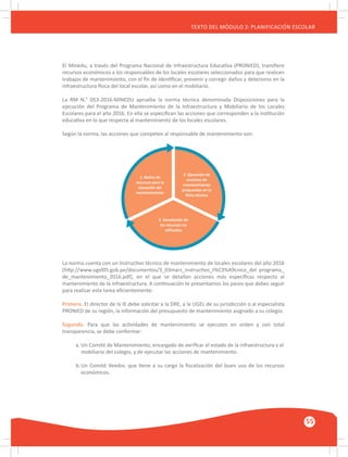GUÍA METODOLÓGICA PARA EL PARTICIPANTE DEL MÓDULO: HABILIDADES INTERPERSONALES
55
TEXTO DEL MÓDULO 2: PLANIFICACIÓN ESCOLAR
El Minedu, a través del Programa Nacional de Infraestructura Educativa (PRONIED), transfiere
recursos económicos a los responsables de los locales escolares seleccionados para que realicen
trabajos de mantenimiento, con el fin de identificar, prevenir y corregir daños y deterioros en la
infraestructura física del local escolar, así como en el mobiliario.
La RM N.° 053-2016-MINEDU aprueba la norma técnica denominada Disposiciones para la
ejecución del Programa de Mantenimiento de la Infraestructura y Mobiliario de los Locales
Escolares para el año 2016. En ella se especifican las acciones que corresponden a la institución
educativa en lo que respecta al mantenimiento de los locales escolares.
Según la norma, las acciones que competen al responsable de mantenimiento son:
La norma cuenta con un Instructivo técnico de mantenimiento de locales escolares del año 2016
(http://www.ugel05.gob.pe/documentos/3_03marz_instructivo_t%C3%A9cnico_del programa_
de_mantenimiento_2016.pdf), en el que se detallan acciones más específicas respecto al
mantenimiento de la infraestructura. A continuación te presentamos los pasos que debes seguir
para realizar esta tarea eficientemente:
Primero. El director de la IE debe solicitar a la DRE, a la UGEL de su jurisdicción o al especialista
PRONIED de su región, la información del presupuesto de mantenimiento asignado a su colegio.
Segundo. Para que las actividades de mantenimiento se ejecuten en orden y con total
transparencia, se debe conformar:
a.	Un Comité de Mantenimiento, encargado de verificar el estado de la infraestructura y el
	 mobiliario del colegio, y de ejecutar las acciones de mantenimiento.
b.	Un Comité Veedor, que tiene a su cargo la fiscalización del buen uso de los recursos
	 económicos.
1. Retiro de
recursos para la
ejecución del
mantenimiento
3. Devolución de
los recursos no
utilizados
2. Ejecución de
acciones de
mantenimiento
propuestas en la
ﬁcha técnica
 