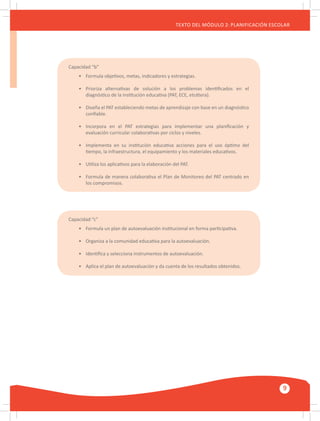 GUÍA METODOLÓGICA PARA EL PARTICIPANTE DEL MÓDULO: HABILIDADES INTERPERSONALES
9
TEXTO DEL MÓDULO 2: PLANIFICACIÓN ESCOLAR
Capacidad “c”
•	 Formula un plan de autoevaluación institucional en forma participativa.
•	 Organiza a la comunidad educativa para la autoevaluación.
•	 Identifica y selecciona instrumentos de autoevaluación.
•	 Aplica el plan de autoevaluación y da cuenta de los resultados obtenidos.
Capacidad “b”
•	 Formula objetivos, metas, indicadores y estrategias.
•	 Prioriza alternativas de solución a los problemas identificados en el
	 diagnóstico de la institución educativa (PAT, ECE, etcétera).
•	 Diseña el PAT estableciendo metas de aprendizaje con base en un diagnóstico
	 confiable.
•	 Incorpora en el PAT estrategias para implementar una planificación y
	 evaluación curricular colaborativas por ciclos y niveles.
•	 Implementa en su institución educativa acciones para el uso óptimo del
	 tiempo, la infraestructura, el equipamiento y los materiales educativos.
•	 Utiliza los aplicativos para la elaboración del PAT.
•	 Formula de manera colaborativa el Plan de Monitoreo del PAT centrado en
	 los compromisos.
 