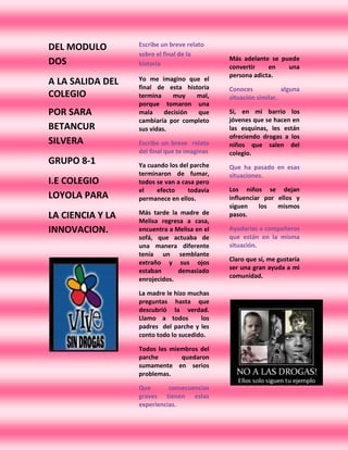 DEL MODULO        Escribe un breve relato
                  sobre el final de la
                                              Más adelante se puede
DOS               historia                    convertir    en   una
                                              persona adicta.
A LA SALIDA DEL   Yo me imagino que el
                  final de esta historia      Conoces            alguna
COLEGIO           termina     muy   mal,      situación similar.
                  porque tomaron una
POR SARA          mala     decisión que       Si, en mi barrio los
                  cambiaría por completo      jóvenes que se hacen en
BETANCUR          sus vidas.                  las esquinas, les están
                                              ofreciendo drogas a los
SILVERA           Escribe un breve relato     niños que salen del
                  del final que te imaginas   colegio.
GRUPO 8-1         Ya cuando los del parche    Que ha pasado en esas
                  terminaron de fumar,        situaciones.
I.E COLEGIO       todos se van a casa pero
                  el    efecto     todavía    Los niños se dejan
LOYOLA PARA       permanece en ellos.         influenciar por ellos y
                                              siguen     los  mismos
                  Más tarde la madre de
LA CIENCIA Y LA   Melisa regresa a casa,
                                              pasos.

INNOVACION.       encuentra a Melisa en el    Ayudarías a compañeros
                  sofá, que actuaba de        que están en la misma
                  una manera diferente        situación.
                  tenía un semblante
                  extraño y sus ojos          Claro que sí, me gustaría
                  estaban      demasiado      ser una gran ayuda a mi
                  enrojecidos.                comunidad.

                  La madre le hizo muchas
                  preguntas hasta que
                  descubrió la verdad.
                  Llamo a todos        los
                  padres del parche y les
                  conto todo lo sucedido.

                  Todos los miembros del
                  parche       quedaron
                  sumamente en serios
                  problemas.

                  Que       consecuencias
                  graves tienen estas
                  experiencias.
 