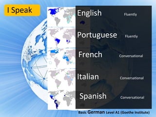 I Speak   English                  Fluently




          Portuguese                Fluently




          French                Conversational




          Italian                Conversational



          Spanish                Conversational


          Basic German Level A1 (Goethe Institute)
 